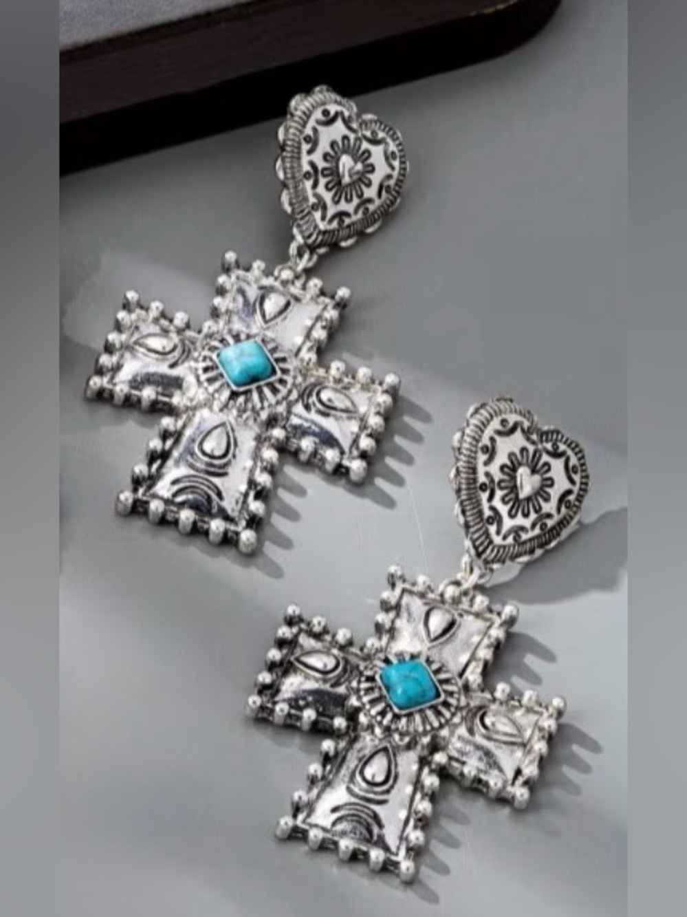 Western Silver Heart-Top Cross Drop Earrings with Turquoise Accent Cowgirl - Picture 2 of 6